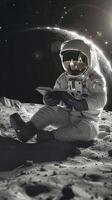 ai generiert Mond- Alphabetisierung Astronaut vertieft im lesen auf das still Mond Vertikale Handy, Mobiltelefon Hintergrund foto