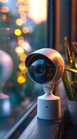 ai generiert Überwachung Konfiguration cctv Sicherheit Kamera positioniert durch Fenster, Hintergrund verschwommen Vertikale Handy, Mobiltelefon Hintergrund foto