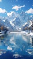 ai generiert szenisch Winter Aussicht heiter See gerahmt durch Schnee gekappt Berge Vertikale Handy, Mobiltelefon Hintergrund foto