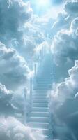 ai generiert paradiesisch Aufstieg Wolke Treppe symbolisiert spirituell Reise zu Erleuchtung Vertikale Handy, Mobiltelefon Hintergrund foto