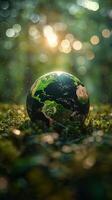 ai generiert Erde Tag Inspiration Grün Planet symbolisiert Natur Schutz und Erhaltung Vertikale Handy, Mobiltelefon Hintergrund foto