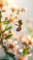 ai generiert Naturen Harmonie Honig Biene versammelt sich Nektar von beschwingt Blume blühen Vertikale Handy, Mobiltelefon Hintergrund foto