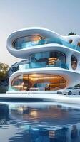 ai generiert Foto glatt modern Wohnung futuristisch Haus Design gegen makellos Weiß Hintergrund Vertikale Handy, Mobiltelefon Hintergrund