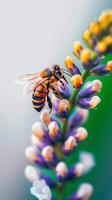 ai generiert Bestäubung Moment Honig Biene steigt aus zart auf bunt Blume Vertikale Handy, Mobiltelefon Hintergrund foto