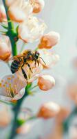 ai generiert Blumen- Interaktion Honig Biene anmutig landet auf schön Blume Blütenblatt Vertikale Handy, Mobiltelefon Hintergrund foto