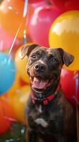 ai generiert Party Welpe Hund sitzt inmitten beschwingt Luftballons und festlich Dekor Vertikale Handy, Mobiltelefon Hintergrund foto