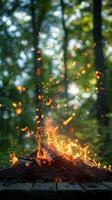 ai generiert Naturen Wärme Lagerfeuer Verbrennung hell gegen üppig Grün Hintergrund Vertikale Handy, Mobiltelefon Hintergrund foto