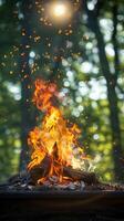 ai generiert Naturen Wärme Lagerfeuer Verbrennung hell gegen üppig Grün Hintergrund Vertikale Handy, Mobiltelefon Hintergrund foto