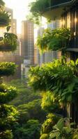 ai generiert erfrischend Stadtbild beschwingt Grün Pflanzen bringen Leben zu städtisch Umgebung Vertikale Handy, Mobiltelefon Hintergrund foto