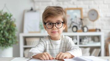 ai generiert süß wenig Schule Junge im Gläser, Junge Kind Sitzung beim ein Schreibtisch im ein Weiß Innere foto