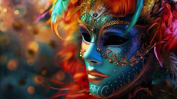 ai generiert bunt Karneval Maskerade Parade Maske auf verschwommen dunkel Blau Hintergrund mit Bokeh Beleuchtung. Kopieren Raum. zum venezianisch Kostüm Festival Feier, Einladung, Förderung. foto