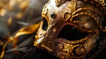 ai generiert golden venezianisch Karneval Maskerade Parade Maske auf verschwommen dunkel Blau Hintergrund mit Orange Beleuchtung. Kopieren Raum. zum Kostüm Festival Feier, Einladung, Förderung. foto