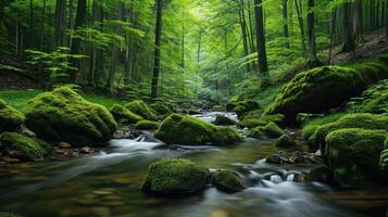 ai generiert still Wald und Strom Landschaft mit moosbedeckt Felsen foto