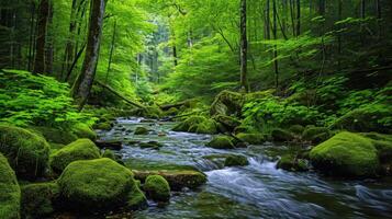 ai generiert still Wald und Strom Landschaft mit moosbedeckt Felsen foto