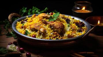 ai generiert schließen oben von Reis Hähnchen Biryani, würzig Curry und aromatisch Aromen, authentisch indisch Essen, Portion schick Essen im ein Restaurant. foto