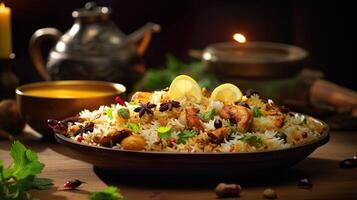 ai generiert schließen oben von Reis Hähnchen Biryani, würzig Curry und aromatisch Aromen, authentisch indisch Essen, Portion schick Essen im ein Restaurant. foto