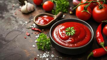 ai generiert Tomate Ketchup, Chili Soße, Püree mit Chili Pfeffer, Tomaten und Knoblauch foto