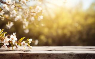 ai generiert schön Blühen Frühling Blumen Geäst Hintergrund. hölzern Tisch, Anzeige mit Kopieren Raum zum Produkt Präsentation. ai generativ foto