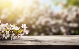 ai generiert leeren hölzern Tisch, Anzeige mit verschwommen Blühen Kirsche Geäst Hintergrund. Frühling Natur und Blumen Thema Konzept. Kopieren Raum zum Produkt Präsentation, Vitrine. foto