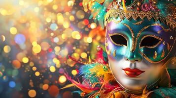 ai generiert bunt Karneval Maskerade Parade Maske auf verschwommen dunkel Blau Hintergrund mit Bokeh Beleuchtung. Kopieren Raum. zum venezianisch Kostüm Festival Feier, Einladung, Förderung. foto