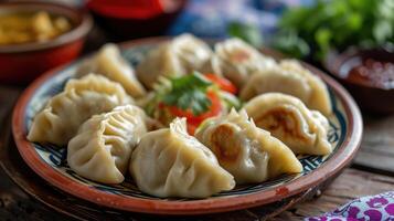 ai generiert Nepalese traditionell Knödel Momo auf das Teller foto