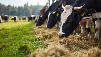 ai generiert modern draussen Kuhstall beim Molkerei Bauernhof mit Herde von Melken holstein Kühe Essen Heu von Krippe foto