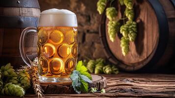 ai generiert Becher von Bier, Weizen Ohren, Hopfen und Bier Fass auf ein hölzern Hintergrund foto