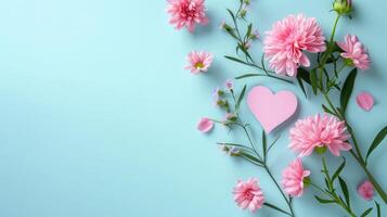 ai generiert kreativ Layout mit Rosa Blumen, Papier Herz Über druckvoll Pastell- Hintergrund. oben Sicht, eben legen. Frühling, Sommer- oder Garten Konzept. Geschenk zum Frau Tag foto