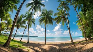 ai generiert Panorama von tropisch Strand mit Kokosnuss Palme Bäume foto