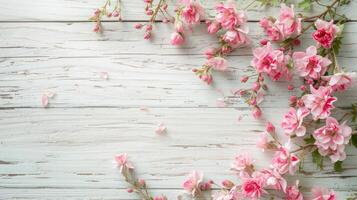 ai generiert Blumen Komposition zum Valentinstag, Mutter oder Damen Tag. Rosa Blumen auf alt Weiß hölzern Hintergrund. Stillleben. foto