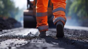 ai generiert Straße Arbeiter im Orange Overall renoviert ein Sektion von das Straße mit heiß Asphalt gegen das Hintergrund von ein Straße Walze im verwischen. Straße Reparatur Konzept, Platz zum Text, Kopieren Raum. foto