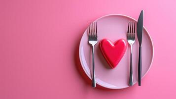ai generiert Teller im gestalten von Herz, Tabelle Messer und Gabel auf Rosa foto