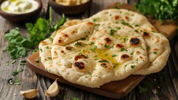 ai generiert indisch Naan Brot mit Knoblauch Butter auf hölzern Tabelle foto