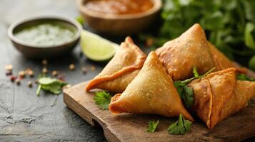 ai generiert Samosa würzig smosa iftaari Gericht indisch Ramadan Essen, pakistanisch iftar Mahlzeit. foto