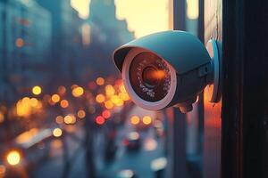 ai generiert Überwachung Lokal Sicherheit Kamera Eingerichtet auf Fenster mit Bokeh Hintergrund foto