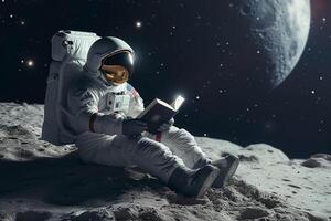 ai generiert kosmisch Bildung Astronaut genießt ein Buch inmitten Mond- Einsamkeit foto