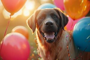 ai generiert Eckzahn Feier Hund umgeben durch festlich Luftballons und Dekorationen foto