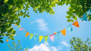 ai generiert bunt Wimpel Zeichenfolge Dekoration im Grün Baum Laub auf Blau Himmel, Sommer- Party Hintergrund Vorlage Banner mit Kopieren Raum foto