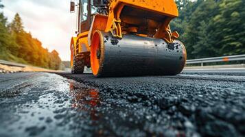 ai generiert Asphalt Straße Walze mit schwer Vibration Walze Verdichter Drücken Sie Neu heiß Asphalt auf das Fahrbahn auf ein Straße Konstruktion Seite? ˅. schwer Vibration Walze beim Asphalt Pflaster Arbeiten. reparieren. foto