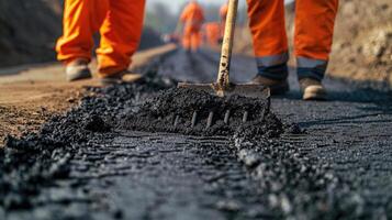 ai generiert Straße Arbeitskräfte mit Schaufeln im ihr Hände werfen gegabelt Asphalt auf ein Neu Straße. Straße Bedienung Instandsetzung das Autobahn foto