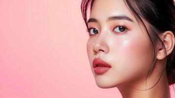 ai generiert jung asiatisch Schönheit Frau gezogen zurück Haar mit Koreanisch bilden Stil auf Gesicht und perfekt Haut auf isoliert Rosa Hintergrund. Gesichts- Behandlung, Kosmetologie, Plastik Operation. foto