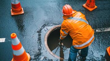 ai generiert Arbeiter Über das öffnen Kanal Luke auf ein Straße in der Nähe von das der Verkehr Zapfen. Konzept von Reparatur von Abwasser, unter Tage Dienstprogramme, Wasser liefern System, Kabel Verlegung, Wasser Rohr Unfall foto