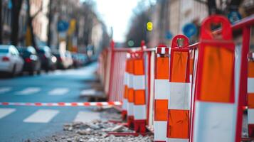 ai generiert Straße Reparatur, Stadt Straße, Gebäude, Sicherheit rot und Weiß Zaun foto