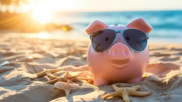 ai generiert Schweinchen Bank mit Sonnenbrille auf das Strand Urlaub foto