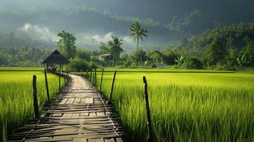 ai generiert Landschaft mit Reis Felder und hölzern Brücken macht Sie Gefühl frisch und hell. foto