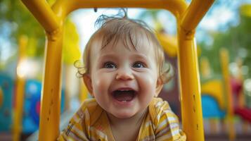 ai generiert komisch süß glücklich Baby spielen auf das Spielplatz. das Emotion von Glück, Spaß, Freude. Lächeln von ein Kind. foto