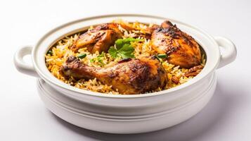 ai generiert Hähnchen Biryani , Kerala Stil Hähnchen Dhm Biriyani gemacht mit jeera Reis und Gewürze vereinbart worden im ein Weiß Keramik Tabelle Ware mit Weiß Hintergrund foto