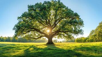 ai generiert das Sonne leuchtenden durch ein majestätisch Grün Eiche Baum auf ein Wiese, mit klar Blau Himmel im das Hintergrund, Panorama Format foto