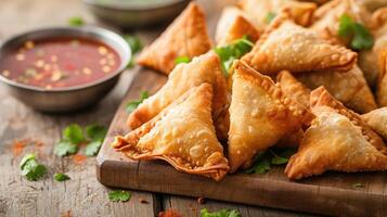 ai generiert gebraten Samosas mit Gemüse Füllung, Beliebt indisch Snacks auf hölzern Tafel foto