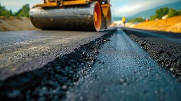 ai generiert Walze rollen frisch heiß Asphalt auf das Neu Straße. Straße Konstruktion. foto